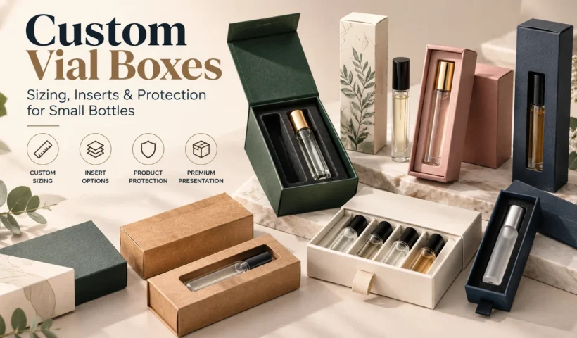 Open custom vial packaging box containing small bottles with fitted internal inserts designed around the product.