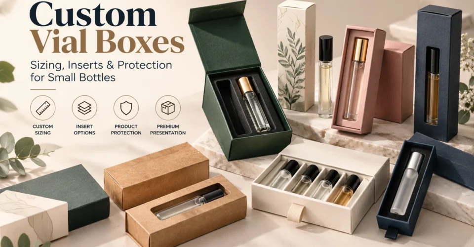 Open custom vial packaging box containing small bottles with fitted internal inserts designed around the product.