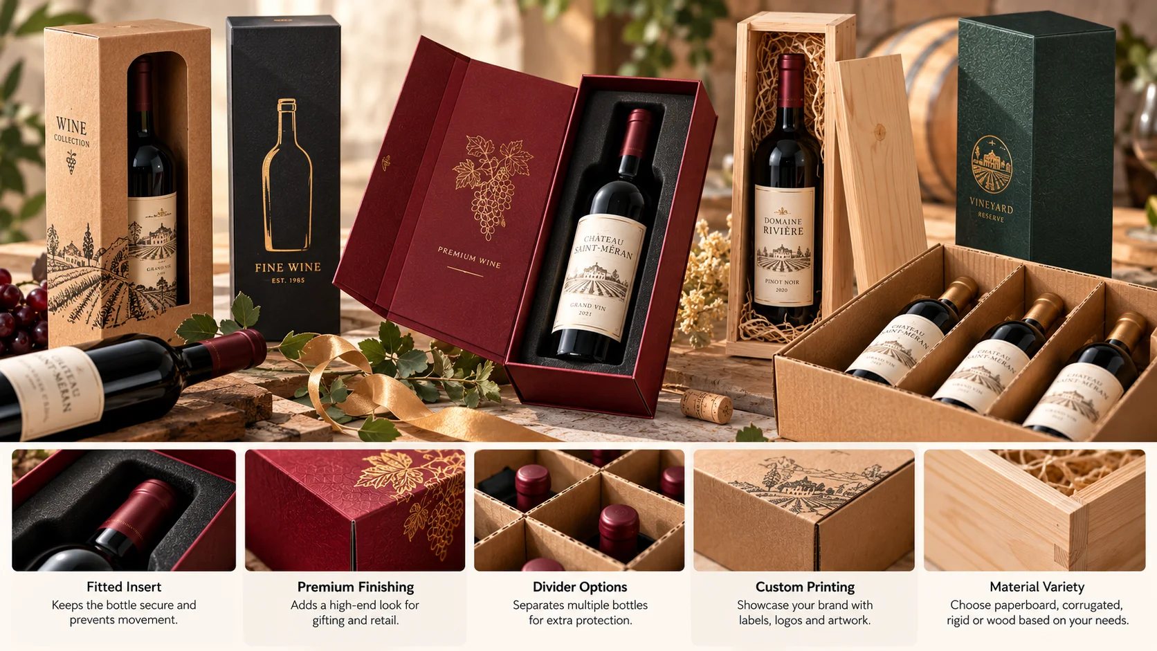 Custom wine bottle gift box with a fitted insert holding the bottle securely in a premium presentation structure.