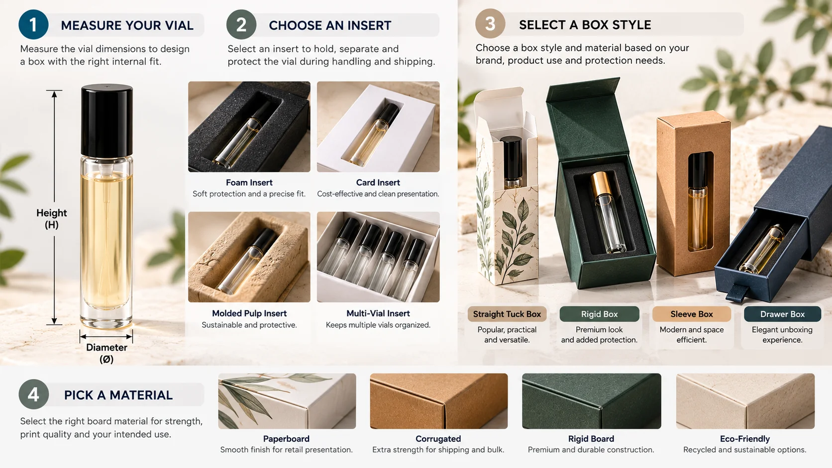 Diagram showing the key vial dimensions, insert options, box styles, and material choices for custom vial packaging.