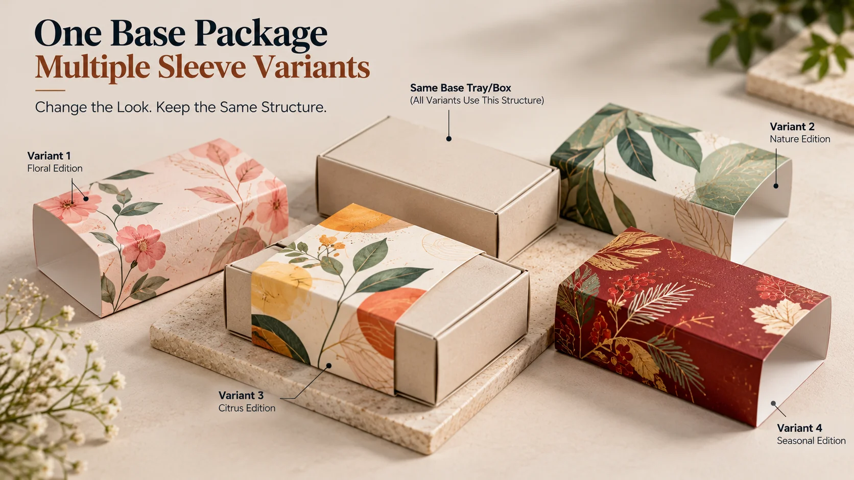 One shared base package with multiple interchangeable custom packaging sleeve variants