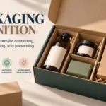 Open custom packaging box containing different products with protective packaging components.