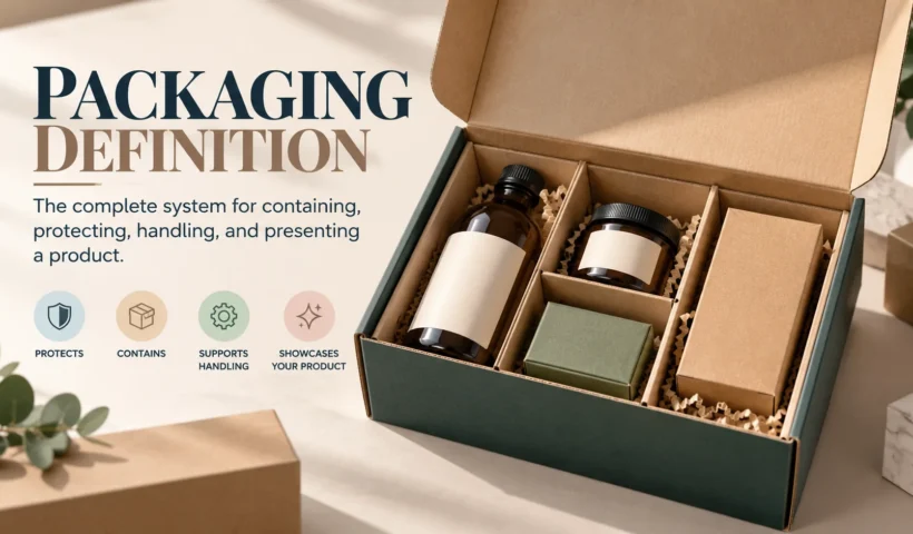 Open custom packaging box containing different products with protective packaging components.