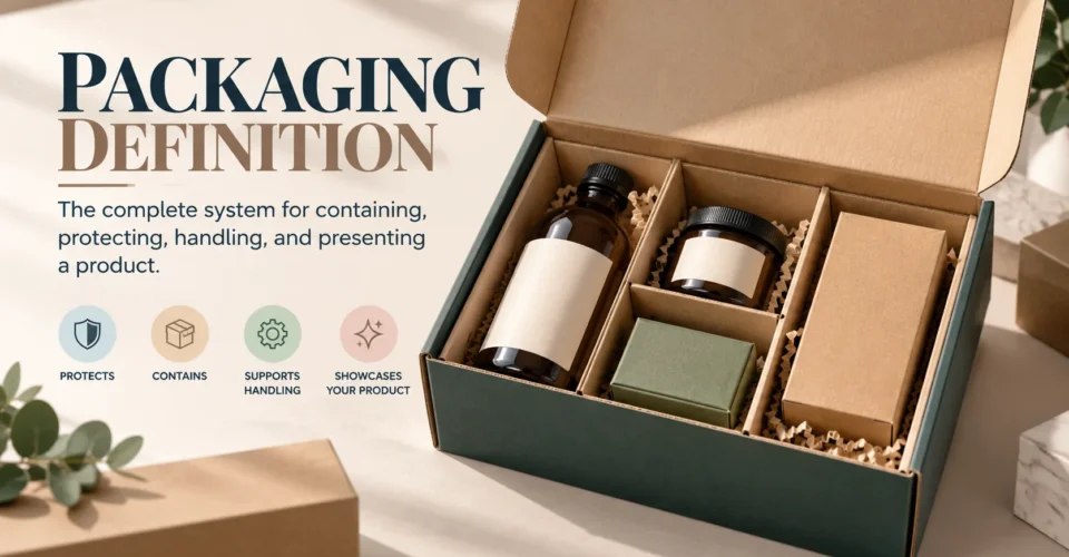 Open custom packaging box containing different products with protective packaging components.