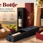 Premium wine bottle box with a glass wine bottle displayed in a fitted insert alongside other custom wine packaging formats.