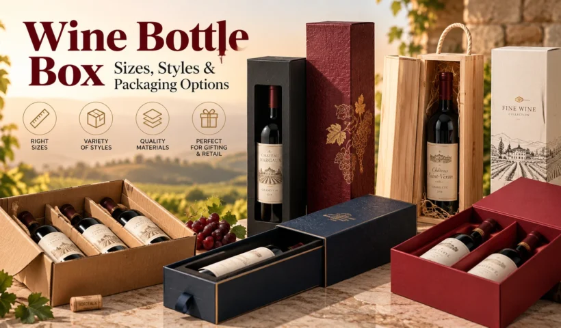 Premium wine bottle box with a glass wine bottle displayed in a fitted insert alongside other custom wine packaging formats.