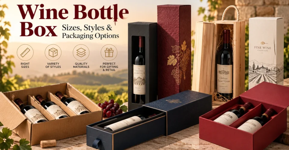 Premium wine bottle box with a glass wine bottle displayed in a fitted insert alongside other custom wine packaging formats.