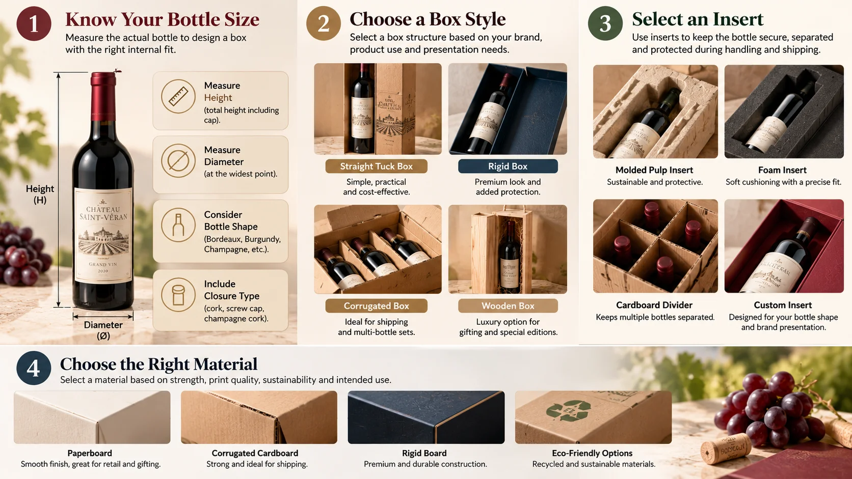 Infographic showing how wine bottle height and width affect box dimensions, inserts and bottle positioning.